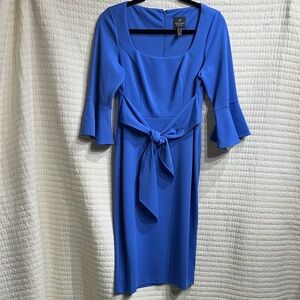 Adrianna Papell Women's Blue Tie Waist Crepe Sheath Midi Dress Size 6 MSRP $139